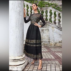 New Black Lace and Gold Sequin Party Dress